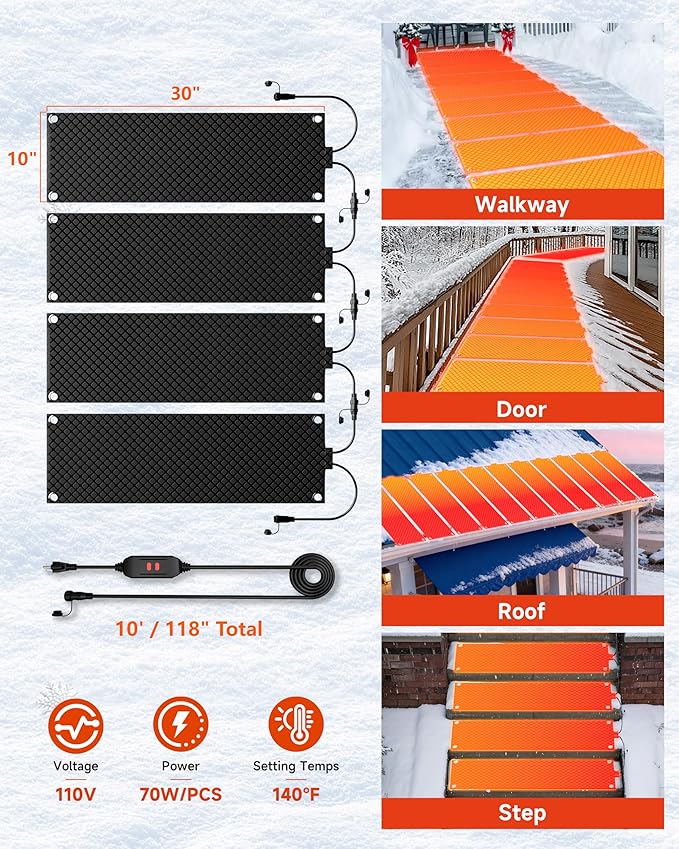 Heated Snow Melting Mat for Stairs, 4 Pack 10" x 30" Heated Outdoor Mat Graphene 2.0 Snow and Ice Melting Mat, Connectable for Outdoor Steps, Walkway, Decks