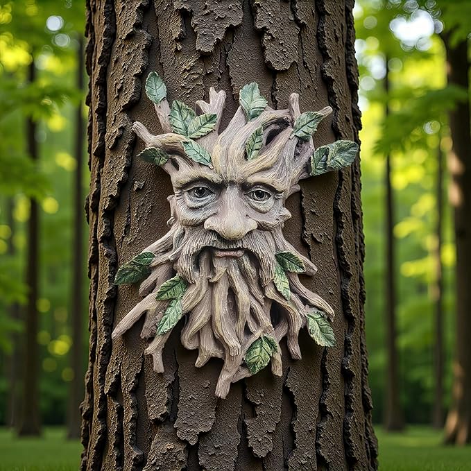 Whimsical Tree Face Garden Decoration ，Tree Faces Decor Outdoor Wallmounted Statue Art with Leaf Features, Outdoor Decor Garden Accessory (Nature and Outdoors)