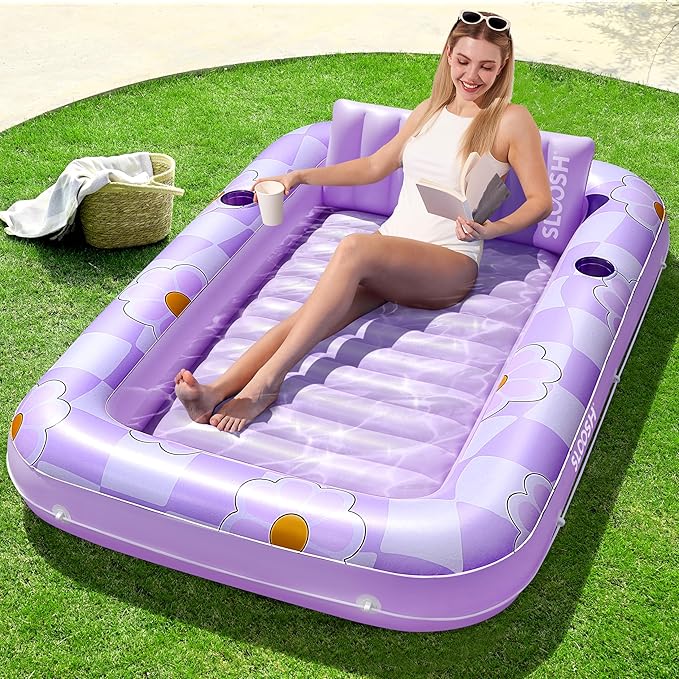 SLOOSH Inflatable Tanning Pool Lounger Float, 70" x 46" Pool Floats Adult with Pillow, 4 in 1 Suntan Tub Raft Floatie,Sunbathing Bed Lounge for Water Blow Up Ball Pit Party Gifts