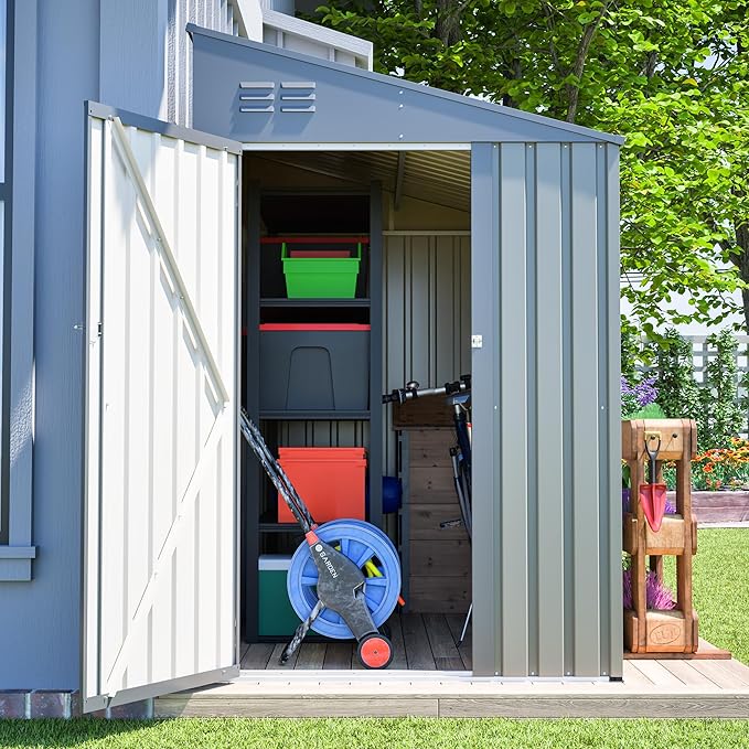 4×8 FT Outdoor Metal Storage Shed,Heavy-Duty Lean to Storage Shed with Lockable Door and Reinforced Beams,All Weather Waterproof Storage House W/2 Air Vents,for Backyard,Patio,Lawn,Gray