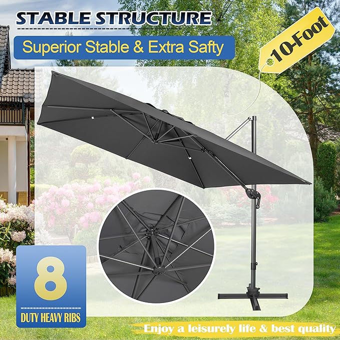 Sunnyglade 10x10Ft Cantilever Patio Umbrella Square 360° Rotation & Integrated Tilting System Offset Umbrella with 8 Sturdy Ribs, Fade-resistant & Waterproof for Garden Backyard Poolside Deck