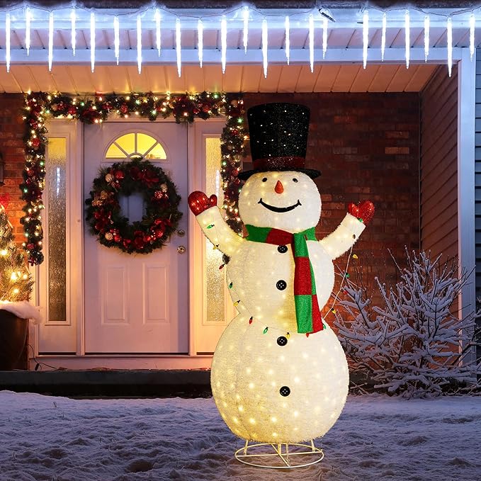 Glitzhome 8FT Giant Lighted Christmas Snowman, Large Foldable White Outdoor 3D Christmas Holiday Snowman Decoration w/ 430 LED Lights, Hat, Scarf, Multicolored Lights