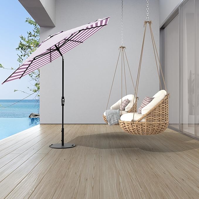 Midtown Umbrellas The Swilt 10 Feet Patio Umbrella in Terylast Midtown Stripes Purple/White Polyester Fabric - Fiberglass Ribs, Auto-Tilt Aluminum Frame For Backyard, Deck, Garden, Pool - White Pole