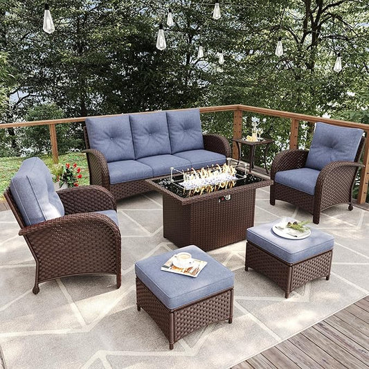 7 Pieces Patio Furniture Sets with Fire Pit Table, Wicker Rattan High Back Outdoor Armchairs Set with 3-Seat Couch, Ottomans and Side Table
