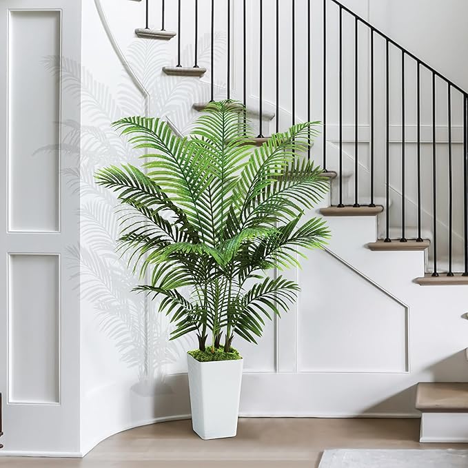 Artificial Palm Tree Artificial Silk Plant Fake Tree with White Tall Planter Faux Tropical Areca Floor Plant in Pot (1, White Tall Planter, 5 FT)