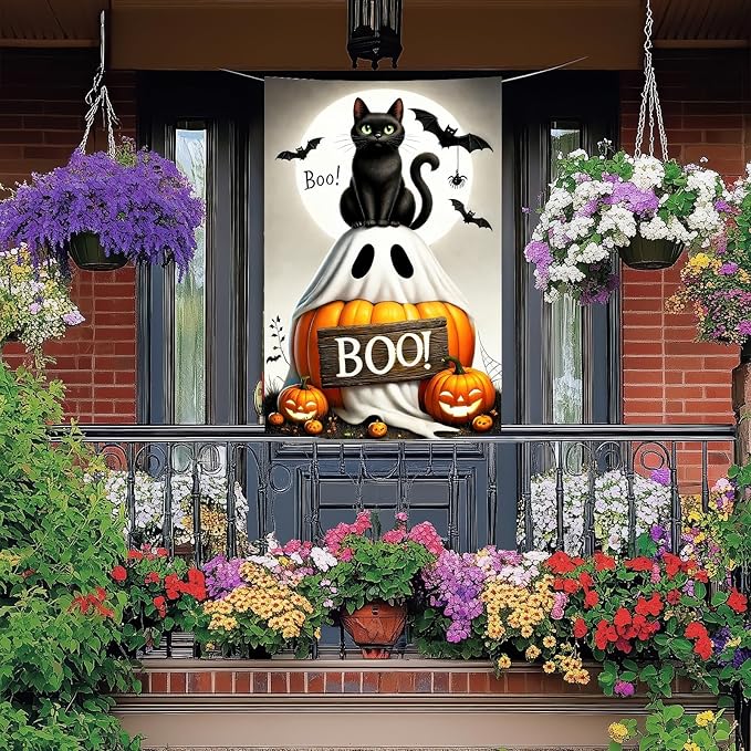 Halloween Garden Flag 12x18 inch Double Sided Boo Black Cat Flags Pumpkin Banner Spooky Bat Moon Small Yard Flag for Fall Outdoor Halloween Party Decoration