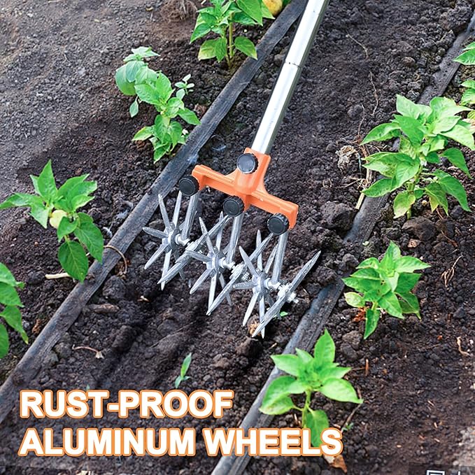 Rotary Cultivator Garden Rotary Tiller Adjustable Stainless Steel Poles Hand Tiller for Soil Mixing or Reseeding Grass Lawn Tiller Total Length 57 Inch.
