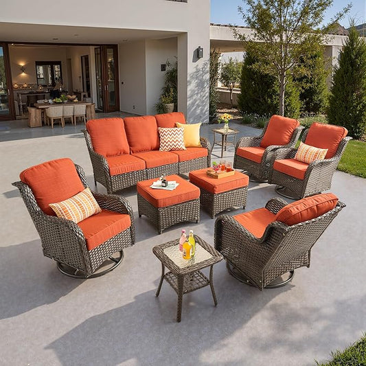 ovios 9 Pieces Patio Furniture Set, Outdoor Wicker Sofa Couch with Swivel Chairs Ottomans Comfy Cushions, High Back All Weather Modern Conversation Sets, Brown Rattan, Orange Red
