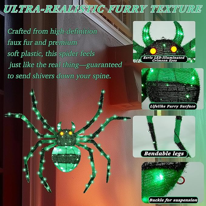 【1 Piece】 4.6Ft Giant Spider Halloween Decorations Outdoor 55" Light Up Spider with 90 LED Lights for Front Yard, Porch, Garden, Lawn, Halloween Party (Green)