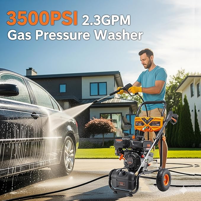 Gas Pressure Washer, 3500PSI Gas Power Washers 209CC 2.3GPM High Pressure Washers with 25FT Hose, 4 Quick-Connect Nozzles, Soap Tank, Axial Pump, Portable Pressure Washer Gas Powered for Car