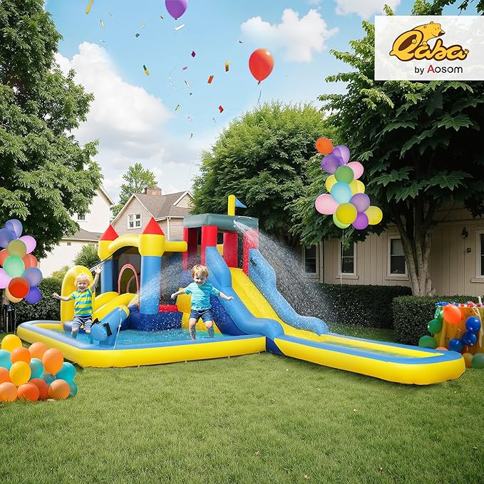 Qaba Inflatable Water Slide, Kids Bounce House Park 6 in 1 with 550W Blower, Splash Pools, 2 Slides, Trampoline, Climbing Wall, Cannon, Basketball Hoop, for Backyard, Party