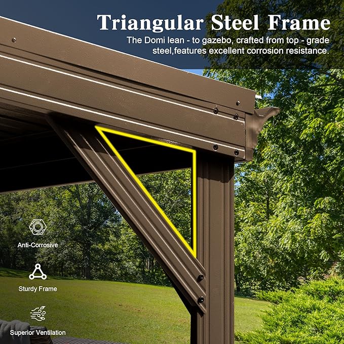 Domi 12’x20’ Lean-to Gazebo, Hardtop Wall-Mounted Gazebo Pergola with Sloping Galvanized Steel Roof and Upgraded Drainage System, Outdoor Permanent Metal Shelters for Patio Backyard Deck, Brown
