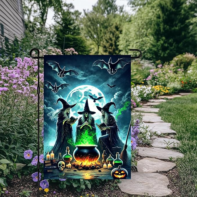Halloween Witch Garden Flag Spooky Yard Banner Full Moon Bats Cauldron And Three Witches Double Sided 12x18 Outdoor House Flag For Lawn Porch Halloween Decoration Scary Seasonal Yard Sign