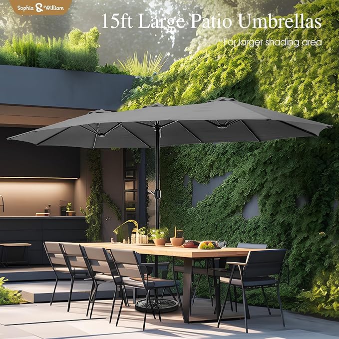 Sophia & William 15 ft Extra Large Patio Umbrella with Base Included, Rectangular Outdoor Umbrella Heavy Duty, Market Umbrella Double-sided Fade Resistant for Pool Garden Backyard, Smoky Gray