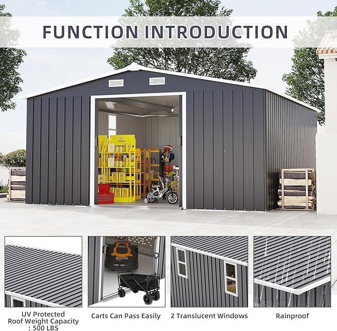 10×12 Ft Metal Shed Outdoor Storage with Two Daylight Windows, 0.25mm Galvanized Steel Metal Garden Shed Waterproof with Lockable Door for Backyard, Patio, Garden，Light Grey