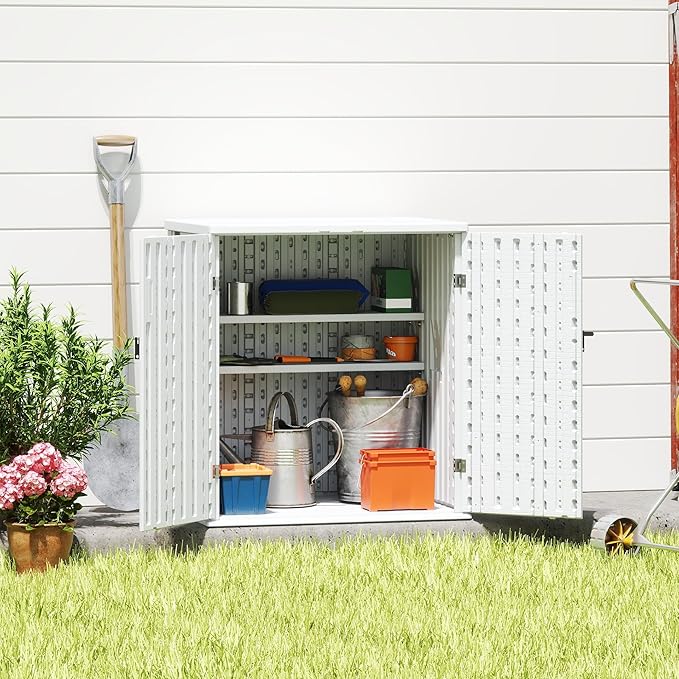 Heavy Duty Small Storage Cabinet Outdoor Weatherproof, 14 Cuft Garage Storage Cabinet with 2 Adjustable Shelves, Lockable Kitchen Pantry Closer Organizer, 31Wx23Lx34H, Polar White
