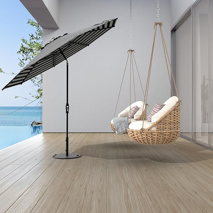 Midtown Umbrellas The Swilt 8 Feet Patio Umbrella in Sunbrella Black & White Acrylic Fabric - Fiberglass Ribs, Auto-Tilt Aluminum Frame For Backyard, Deck, Garden, Pool - White Pole