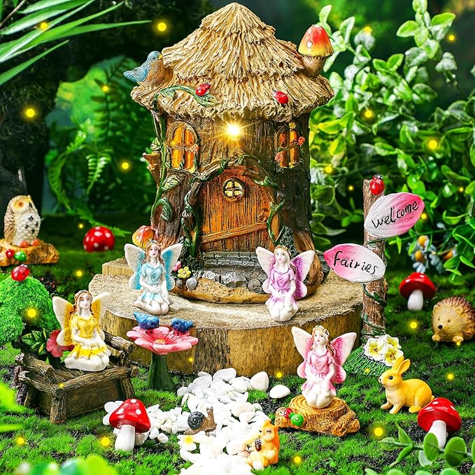 Leyndo 28 Pcs Solar House Garden Accessories Fairy Light up Fairy Figures Garden Kit Resin Miniature Mushroom House Figures Micro Landscape Ornaments(Retro)