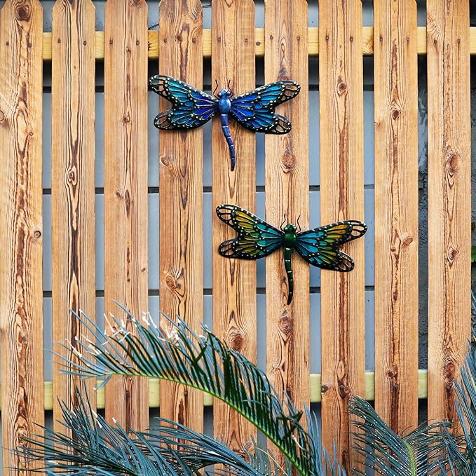 HONGLAND 2Pcs Metal Dragonfly Wall Decor Outdoor Dragonfly Wall Art Glass Sculpture for Home Garden,Gradient Blue&Green
