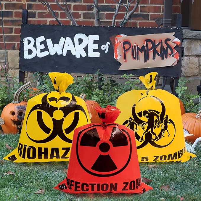 CNhoqc Halloween Lawn Trash Bags - 6Pcs Zombie Warning Reusable Waste Bags with Twist Ties, Fallen Leaf Grass Clipping Trash Container, Heavy-Duty Plastic for Biohazard Parties Outdoor Decorations