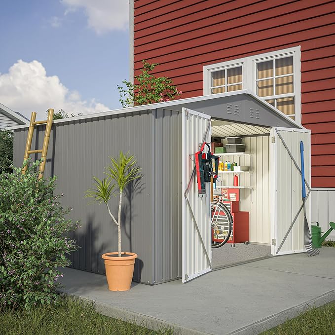 10X8 FT Outdoor Storage Shed W/Lockable Doors,Metal Shed W/Sloped Roof & Air Vents,All Weather Garden Tool House for Backyard Patio Lawn,Gray