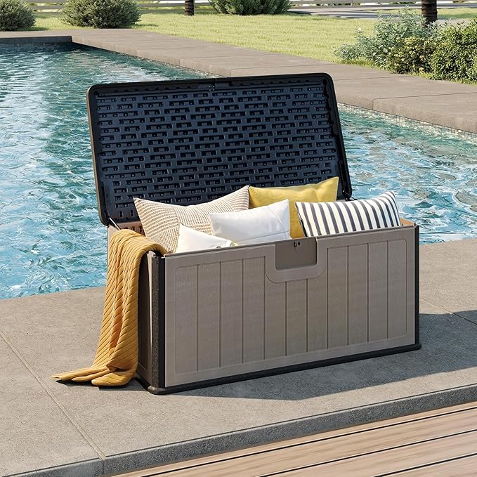 Tangkula 100 Gallon Outdoor Storage Box, Resin Outdoor Storage Bench with Lockable Lid, Waterproof Deck Box for Garden Tools, Pool Accessories, Cushions (100 Gallon,Black+Brown)