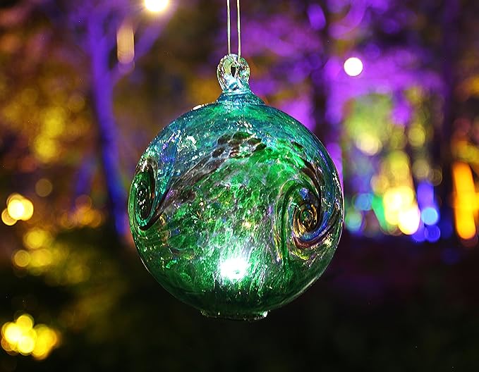 4.6-Inch Solar Hanging Glass Gazing Ball Outdoor Garden Décor Aqua-Green Swirl