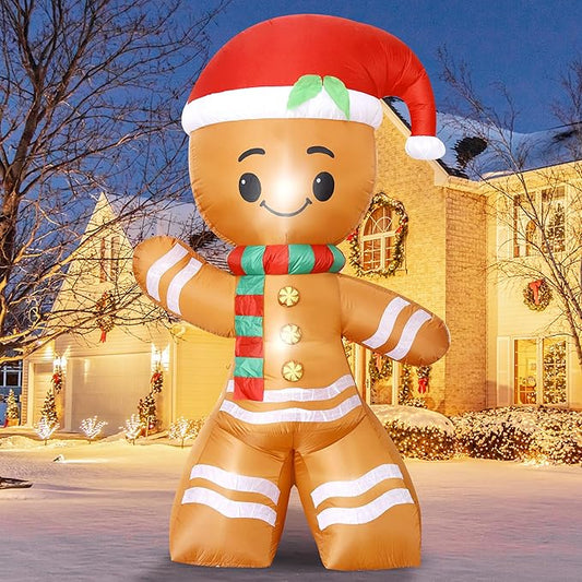 DearSun 8FT H Lovely Giant Christmas Inflatable Gingerbread Man with Build-in LED Lights, Blow up Christmas Inflatable Outdoor Indoor Decorations Large Party Yard Decoration