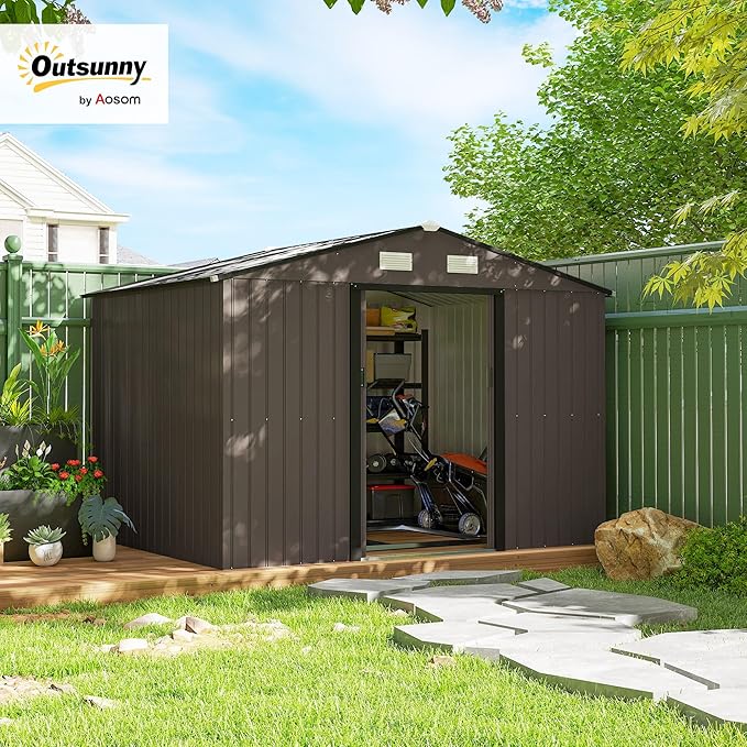 Outsunny 9' x 6' Outdoor Storage Shed, Garden Tool Metal Shed with Foundation Kit, Double Lockable Door, Air Vents and Sloping Roof, for Backyard, Patio, Lawn, Brown