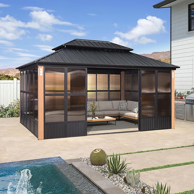 PURPLE LEAF 12' X 16' Sunroom Patio Hardtop Gazebo Double Top Galvanized Steel Roof Outdoor Screen House Aluminum Solarium Backyard Sun Room
