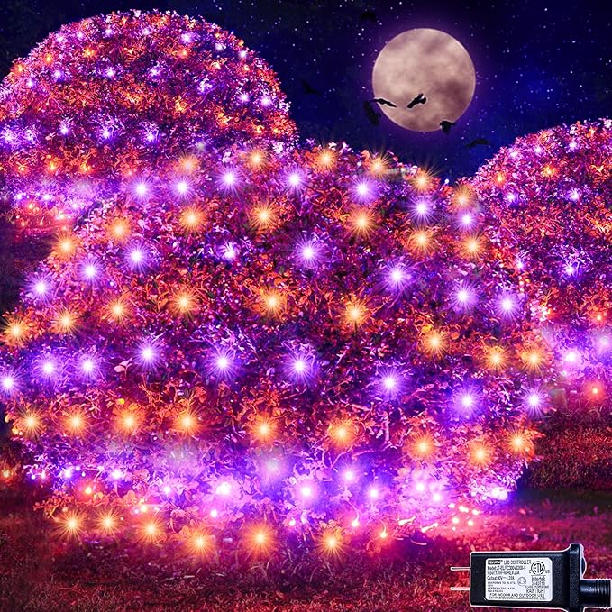 Halloween Net Lights Outdoor Decoration, 14.8x4.9 ft 300LED Orange Purple Halloween Lights 8 Modes Connectable Twinkle Fairy Mesh Light for Bushes Tree Party Yard Garden Decoration