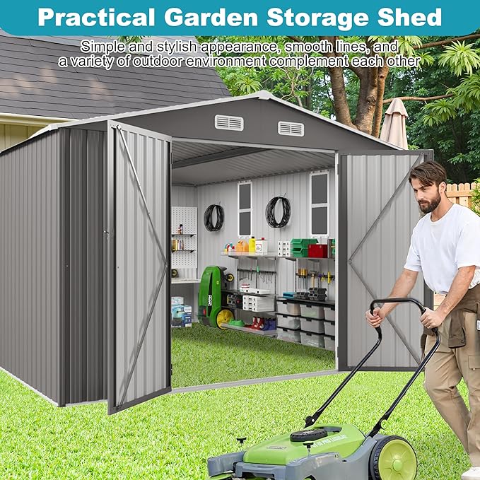 10x12 FT Outdoor Storage Shed, Large Metal Tool Shed with Peaked Roof and Lockable Door, Galvanized Steel Garden Shed with Clear Windows for Backyard Garden Patio Lawn, Gray