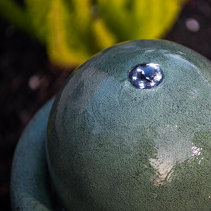 XBrand 25.98" H Green Round Stone Indoor/Outdoor Modern Sphere Water Fountain w/LED Lights – Ball Bubbling Fountain Décor for Garden, Patio, or Tabletop