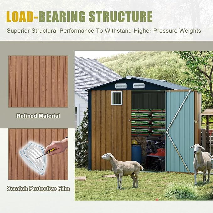 6x8 FT Outdoor Metal Storage Shed with Lockable Door, Steel Garden Utility Shed with Vents and Window, Backyard Patio Tool Shed for Lawn Equipment, Bike, Firewood and Mower Storage, Brown