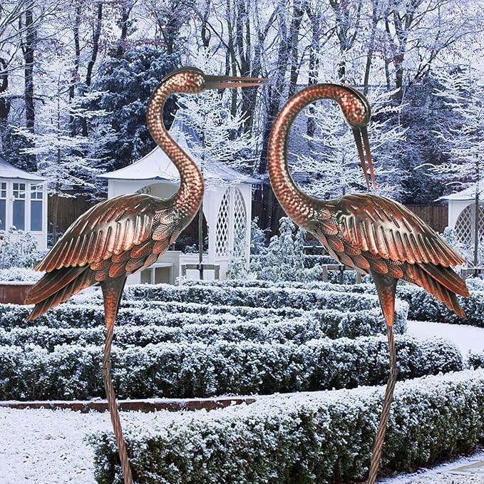 Kircust Crane Garden Sculptures & Statues Heron Decoy Large Size Metal Birds Yard Art Standing Vintage Brass Heron Lawn Ornament Outdoor Decorations 37 Inches Set of 2