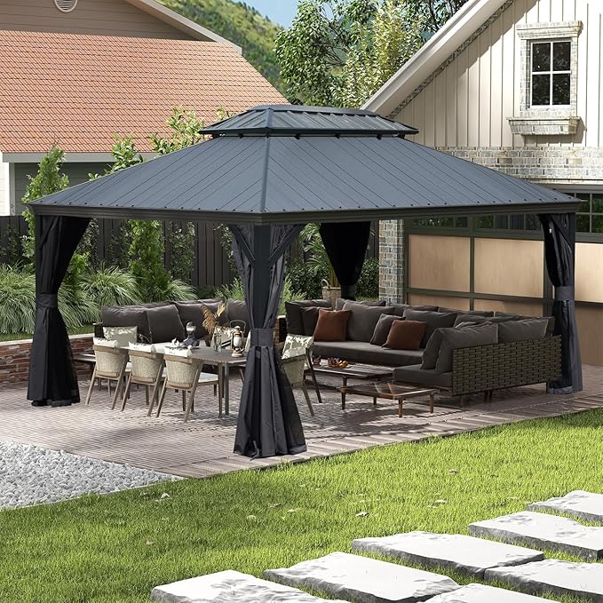 Domi 12’x16’ Outdoor Gazebo Hardtop with Gutters, Patio Gazebo Canopy with Resin & Metal Roof, Heavy Duty Permanent Pavilion for Backyard, Garden, Deck, Hot Tub, Curtains and Mosquito Netting Included