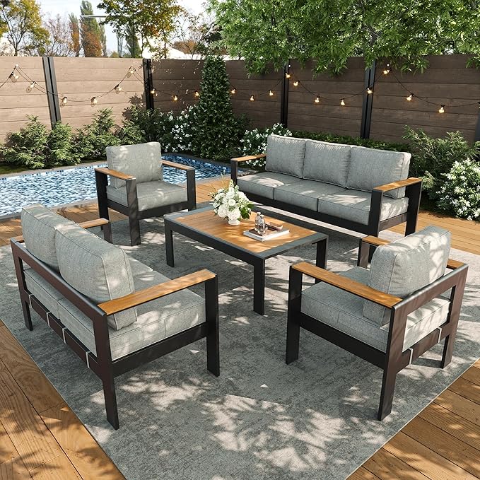 LayinSun 5 Piece Aluminum Outdoor Furniture Set with Coffee Table, Outside Patio Deep Seating Conversation Set with Upgraded Washable Thick Cushion