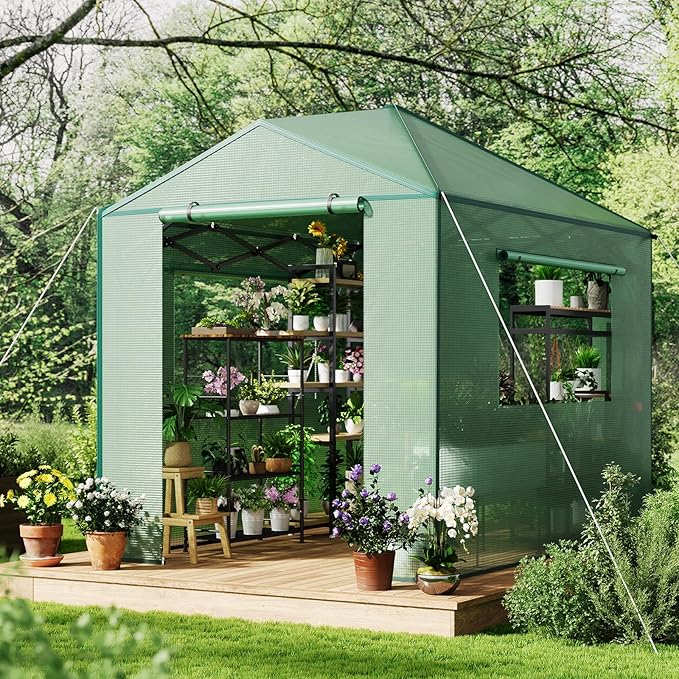GarveeLife 6X8FT Portable Greenhouse for Outdoor, Walk-in Instant Pop-Up Greenhouse for Gardening Plant, Zipper Roll Up Door & Mesh Window, Double Frame, PE Cover Grow Tent for Winter, Green