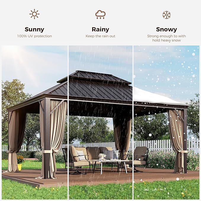 GREEN PARTY 12 X 16ft Hardtop Gazebo with Nettings and Curtains, Heavy Duty Double Roof Galvanized Steel, Outdoor Aluminum Gazebos Pergolas for Patios, Backyard, Deck, Garden, Lawns