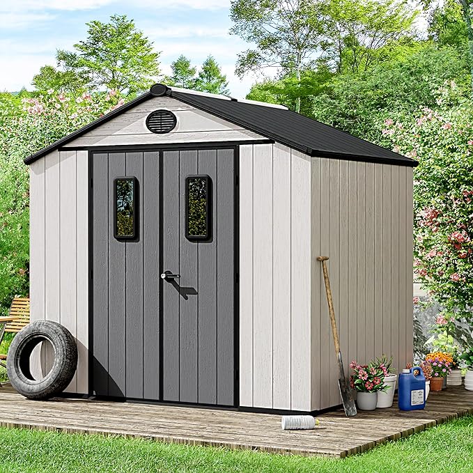 8 x 6 FT Plastic Outdoor Storage Shed with Floor,Garden Resin Shed with Window and Lockable Door, Outside Sheds for Bike, Garbage Can, Tool
