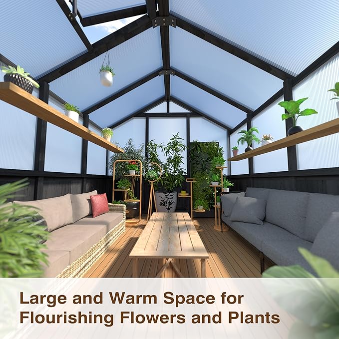 MUPATER 6 x 8 FT Walk-in Wooden Polycarbonate Greenhouse with Ventilated Window & Lockable Door, Multi-Layer PC Panels for UV Protection, Greenhouse Kit for Outdoor, Garden and Backyard, Black