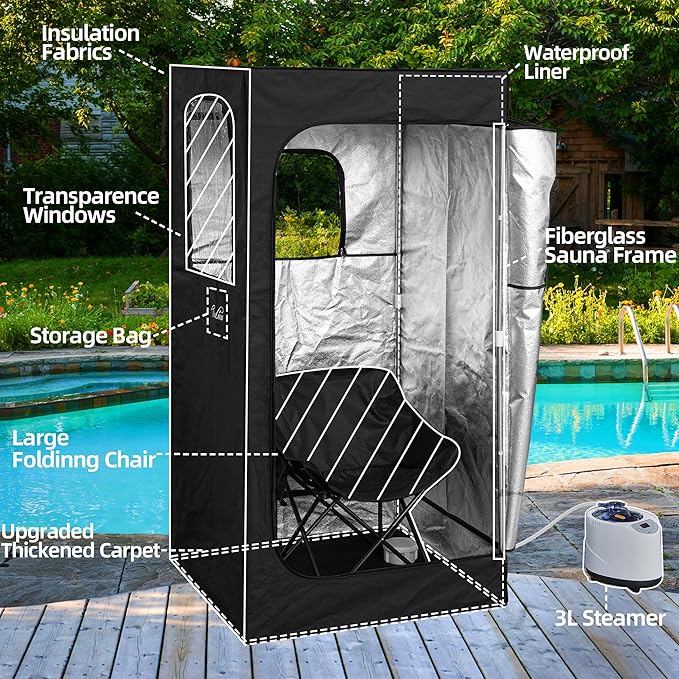 Large Portable Steam Sauna, 3L Steamer Portable Sauna Box for Home, Personal Sauna with Big Sauna Chair, Remote Control, 3.2’ x 3.2’ x 6.0’, Black, 1200W
