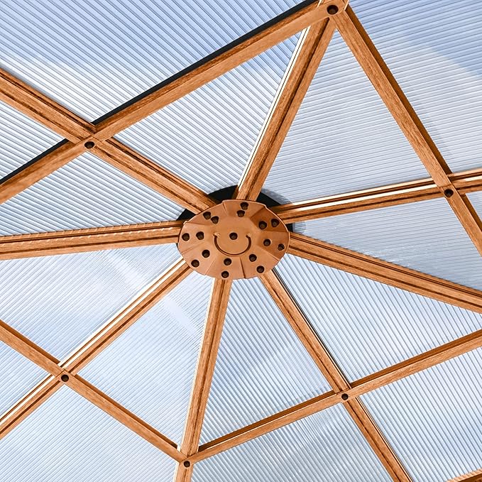 TOOLPORT Hardtop Gazebo 10x10 ft with Polycarbonate Roof - Wood-Like Finish - 4 Side Panels in Champagne