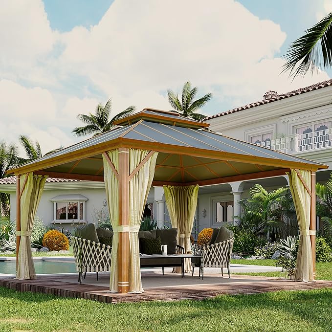 MELLCOM 12x14FT Hardtop Gazebo,Wooden Finish Coated Aluminum Patio Gazebo with Aluminum Composite Double Roof for Patio Lawn and Garden, Curtains and Netting Included