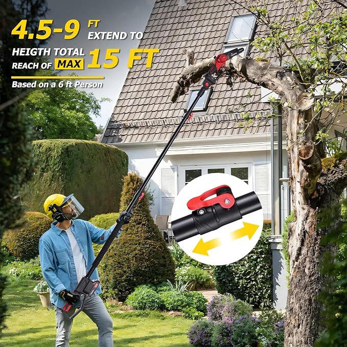 2-IN-1 Cordless Pole Saw and Mini Chainsaw, 8 Inch Brushless Electric Pole Saws for Tree Trimming, Auto Oiling,15ft Max Extension Pole Chainsaw with 2 * 2000mAh Batteries for Branch Cutting
