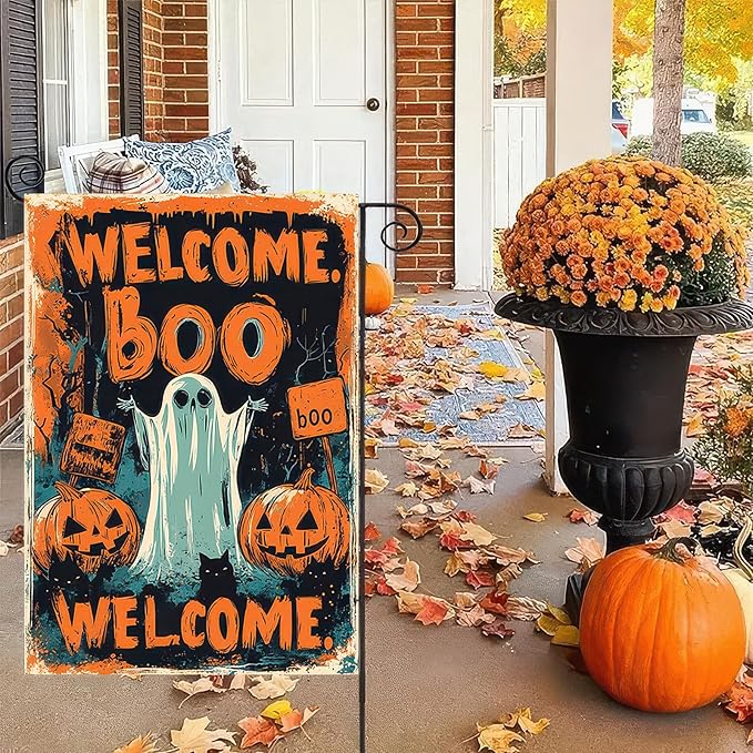 Halloween Welcome Garden Flag 12x18 Inch Double Sided Ghost Boo Welcome Flags Pumpkin Sign Spooky Tree Small Flag Yard Banner for Halloween Outdoor Decoration