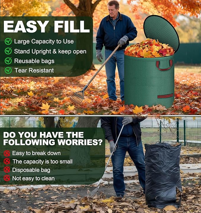 Reusable Yard Waste Bags with Lid, 2 Pack 72 Gallon Lawn and Leaf Garden Bags Heavy Duty with 4 Handles, Collapsible Garden Waste Container for Collecting Indoor Outdoor Debris Leaves Grass Clippings