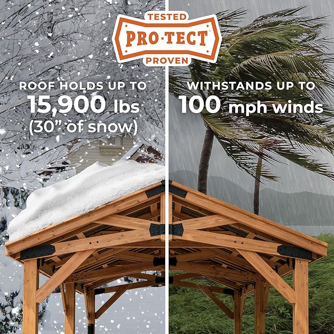 Backyard Discovery Norwood 24' x 12' Cedar Wood Outdoor Gazebo Pavilion with Hardtop Galvanized Steel Peak Roof, Snow Support, Wind Resistance, PowerPort, Shade for Garden, Patio, Deck, Entertaining