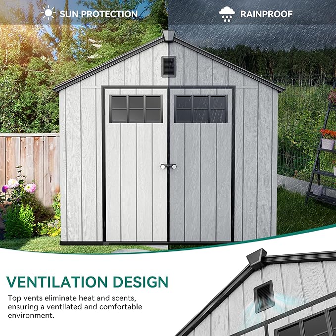 YITAHOME Outdoor Storage Shed 8x10 Ft, Plastic Storage Sheds with Floor, Lockable Doors, Windows, and Vents for Patio, Lawn, Backyard, Large Garden Storage for Bikes, Mowers, and Garden Tools, Gray