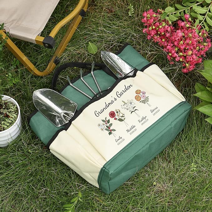 Personalized Garden Tools Set for Women: Custom Text Garden Tool Bag and Garden Shovel & Transplant Shovel & Hand Rake - Gardening Gifts for Mom Grandma Gardening Lover (4 Flowers)